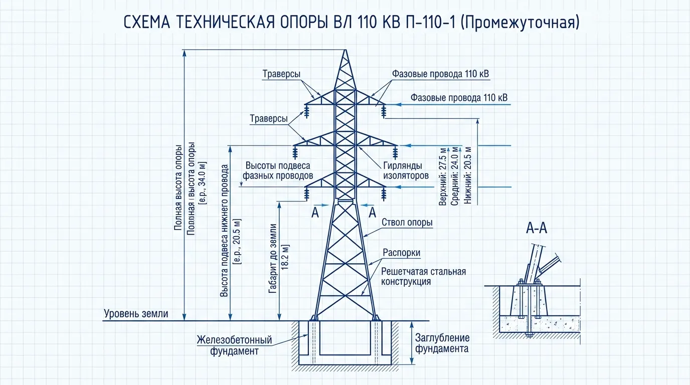 Схема высоты опоры ЛЭП 110 кВ от земли — габариты, высота подвеса проводов и полная высота конструкции