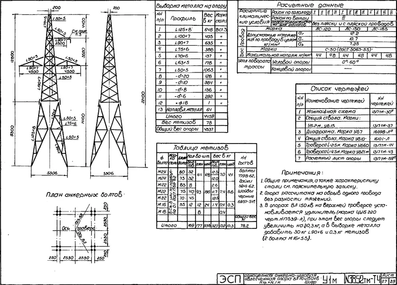 Чертеж КМД Анкерно-угловая опора У1М
