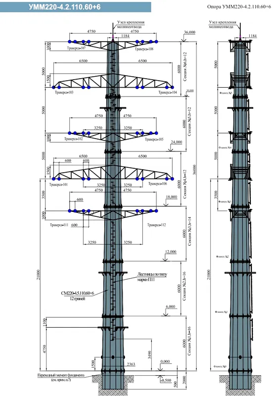 Чертеж КМД Анкерно-угловая опора УММ220-4.2.110.60+6