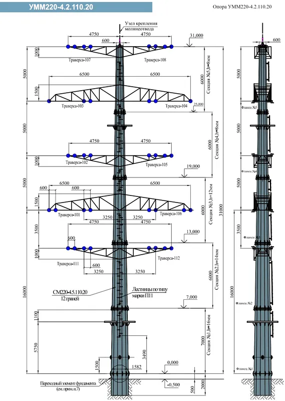 Чертеж КМД Анкерно-угловая опора УММ220-4.2.110.20