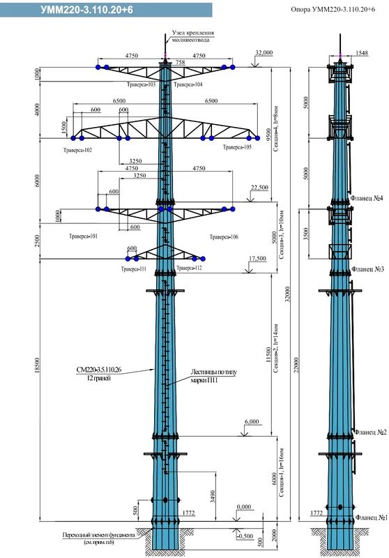 Чертеж КМД Анкерно-угловая опора УММ220-3.110.20+6