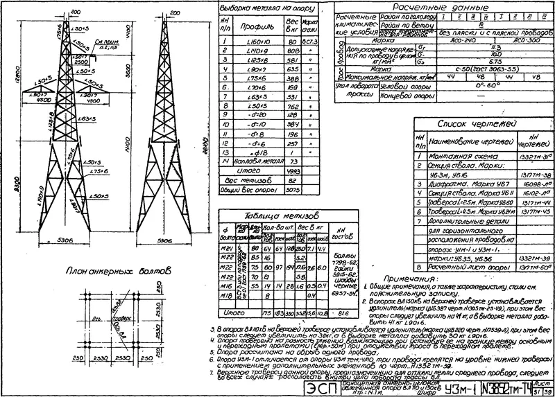 Чертеж КМД Анкерно-угловая опора У3М-1