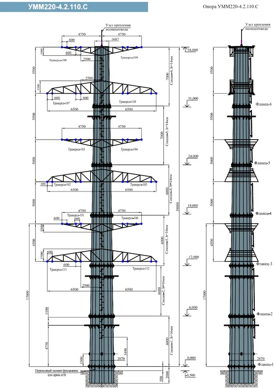 Чертеж КМД Анкерно-угловая опора УММ220-4.2.110.С